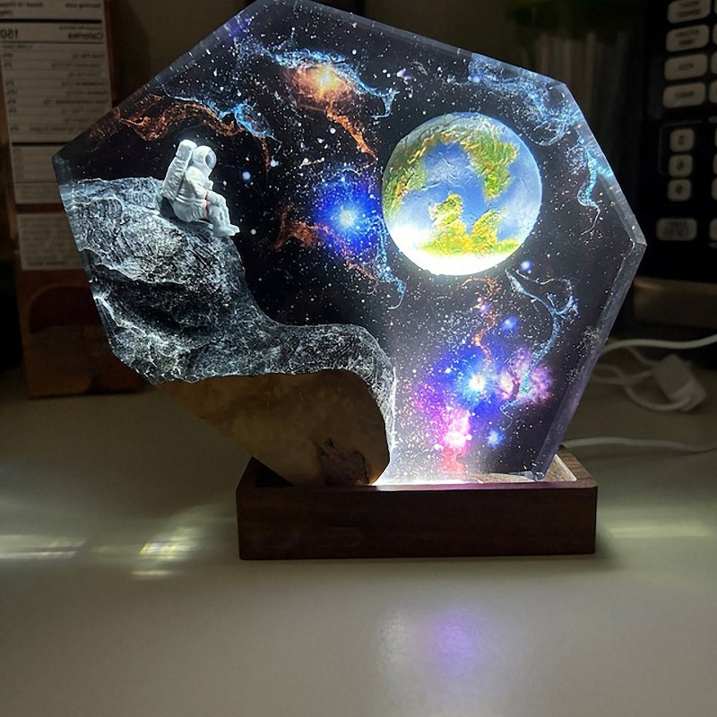 Space Galaxy Astronaut Resin Wood Art Lamp