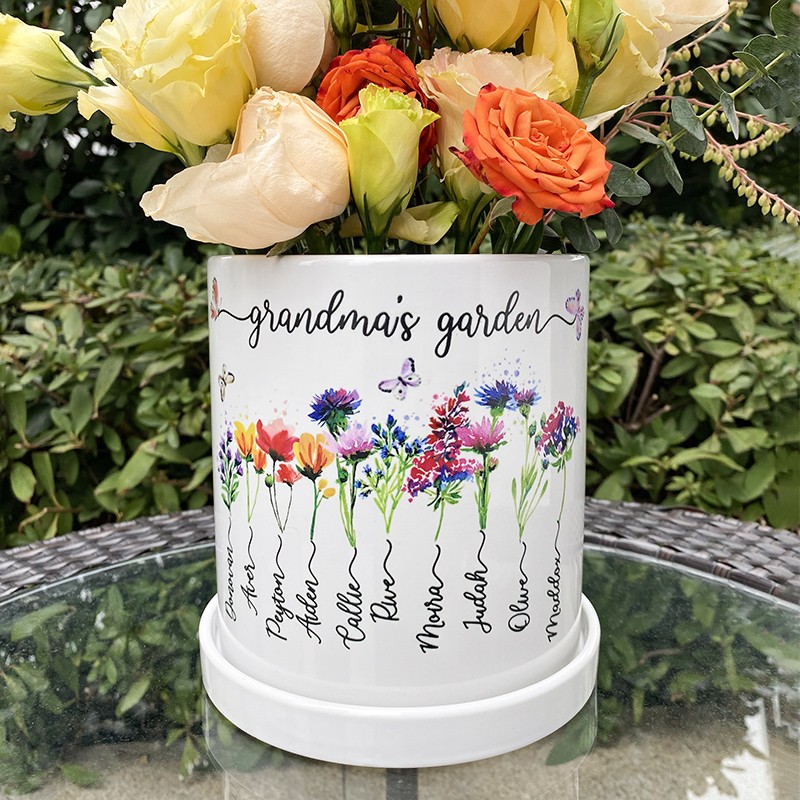 Custom Grandma's Garden Birth Flower Pot with Grandchildren Name For Christmas Gift Ideas