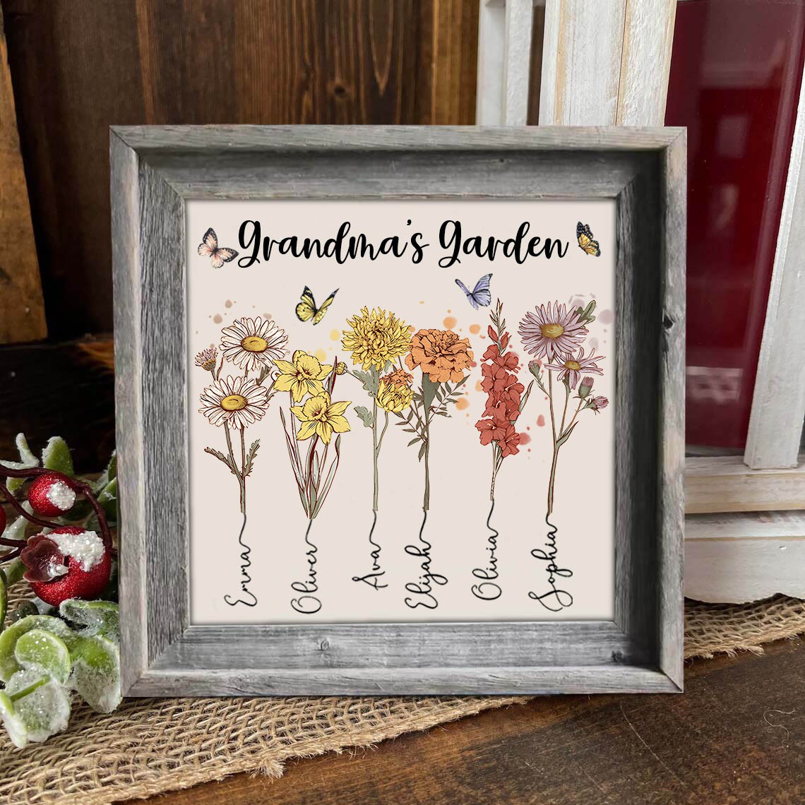 Custom Grandma's Garden Birth Flower Frame with Kids Names For Christmas Gift Ideas