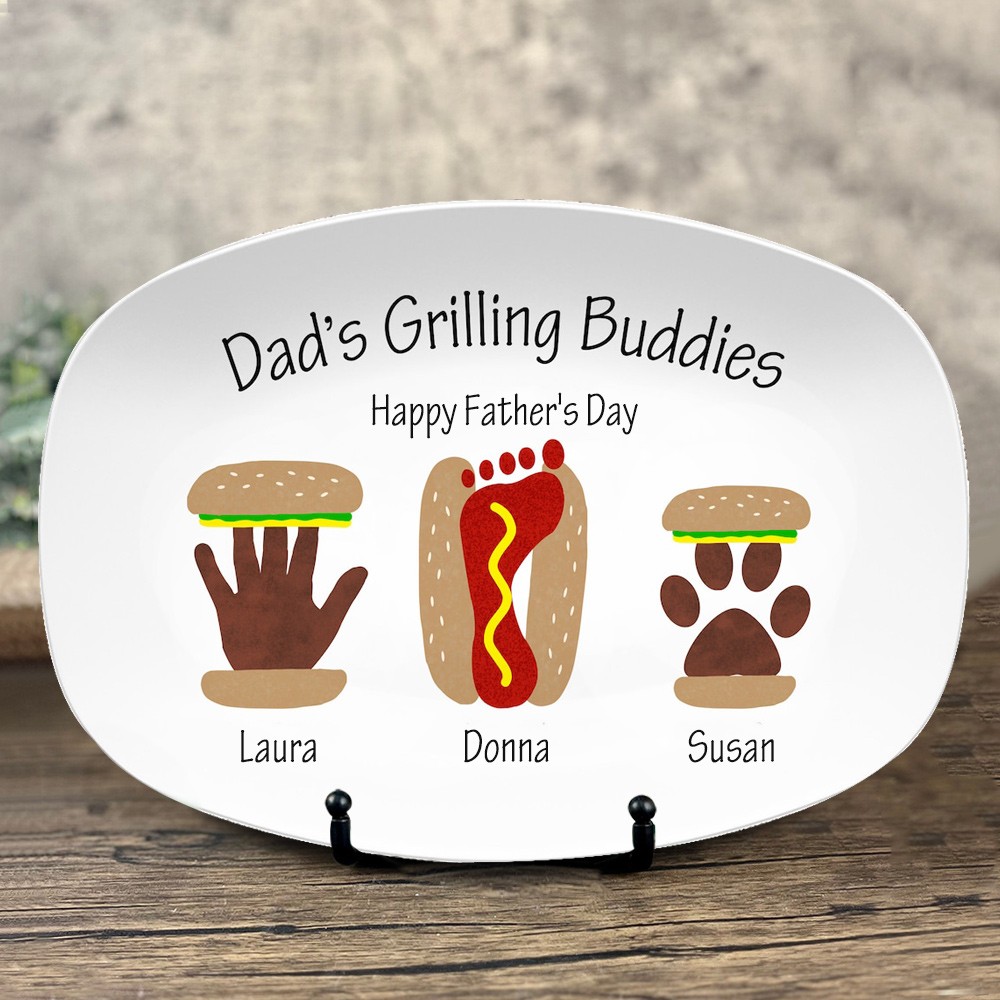 Personalized Burger Hot Dog Handprint Footprint Plate With Name For Father's Day