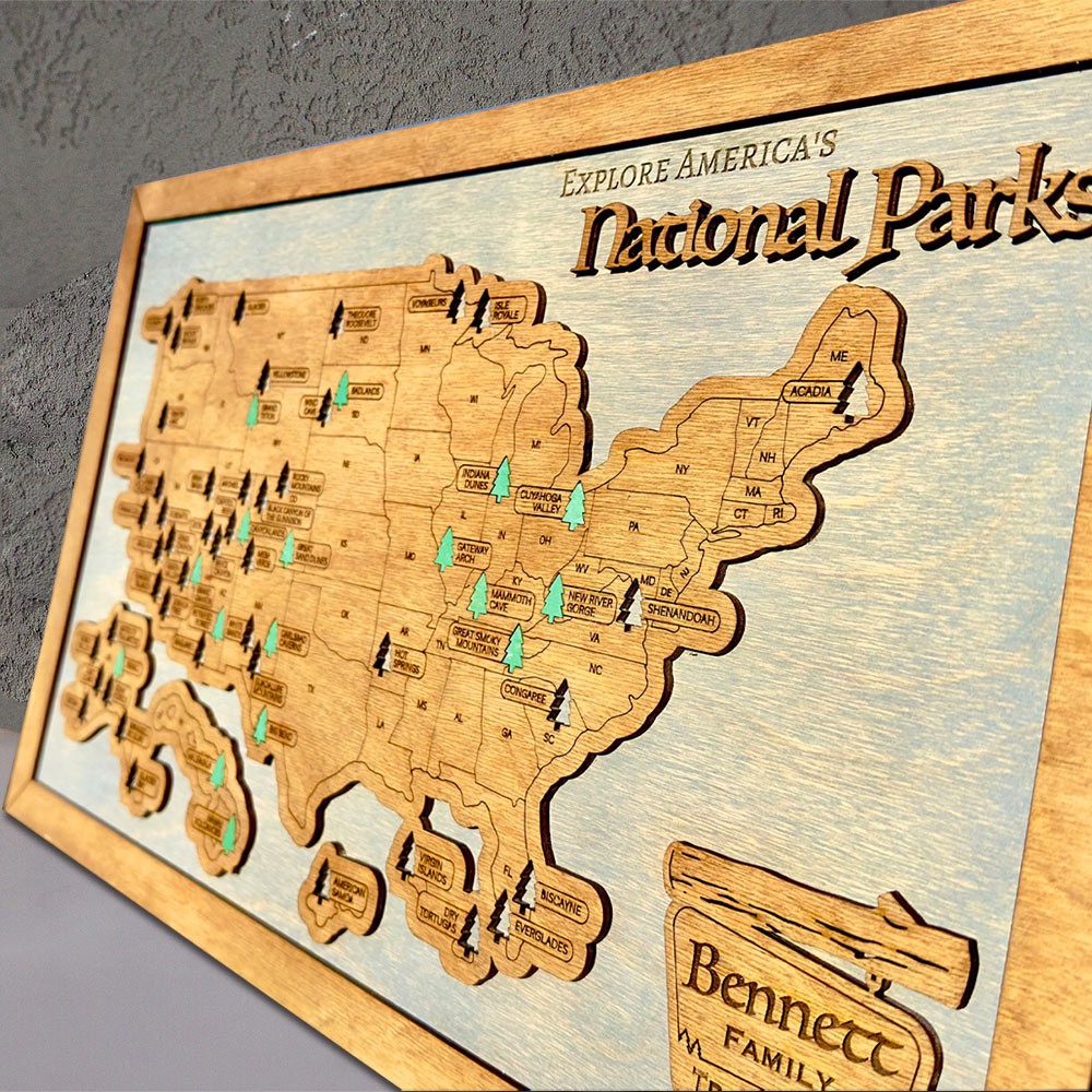 Personalized Wooden USA National Parks Travel Map Family Gift For 5th Anniversary for Hiker Nature Lovers