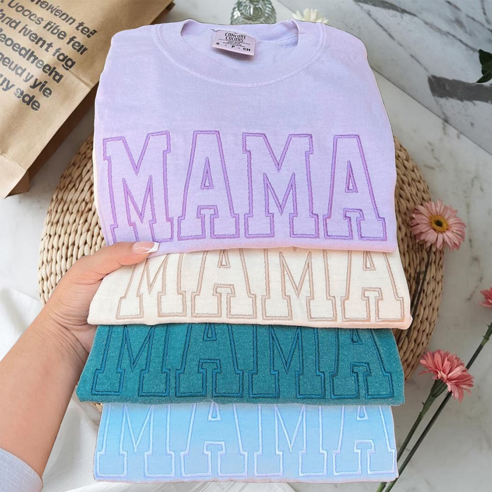 Custom Embroidered MAMA Sweatshirt with Kids Names on Sleeve For New Mom Grandma Mother's Day Gift