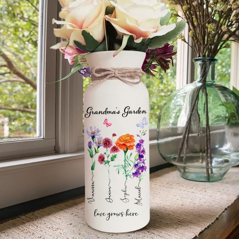 Custom Grandma's Garden Birth Flower Vase with Kids Names For Grandma Mom Anniversary Gift