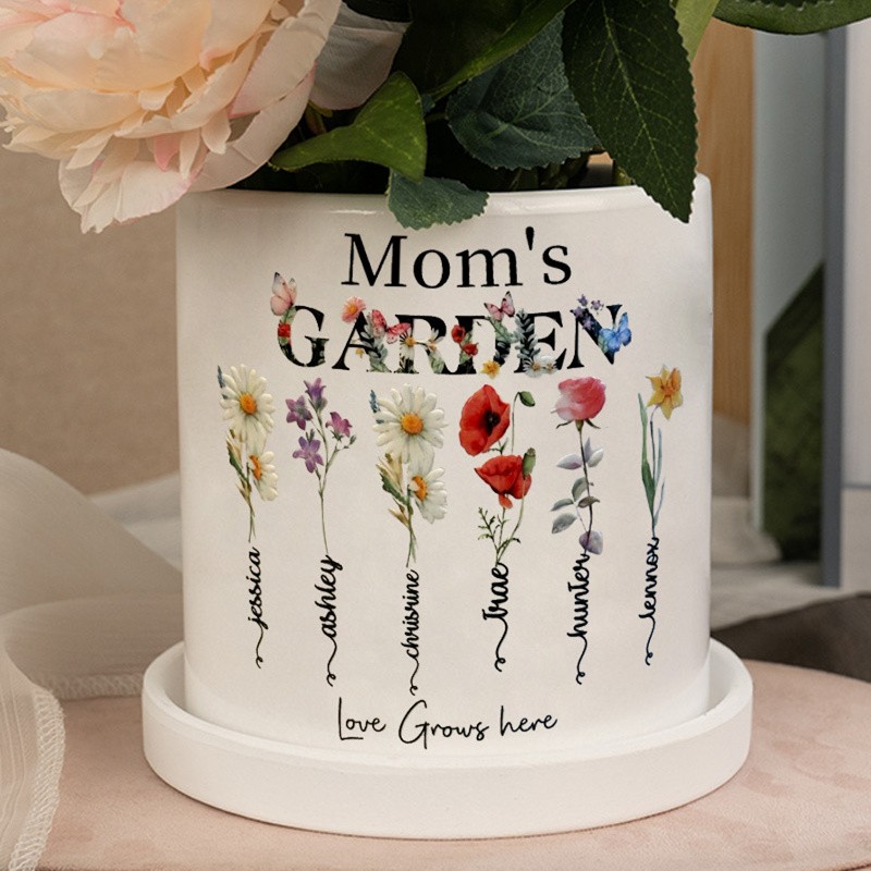 Personalized Mom's Garden Birth Flower Pot with Kids Name For Christmas Gift