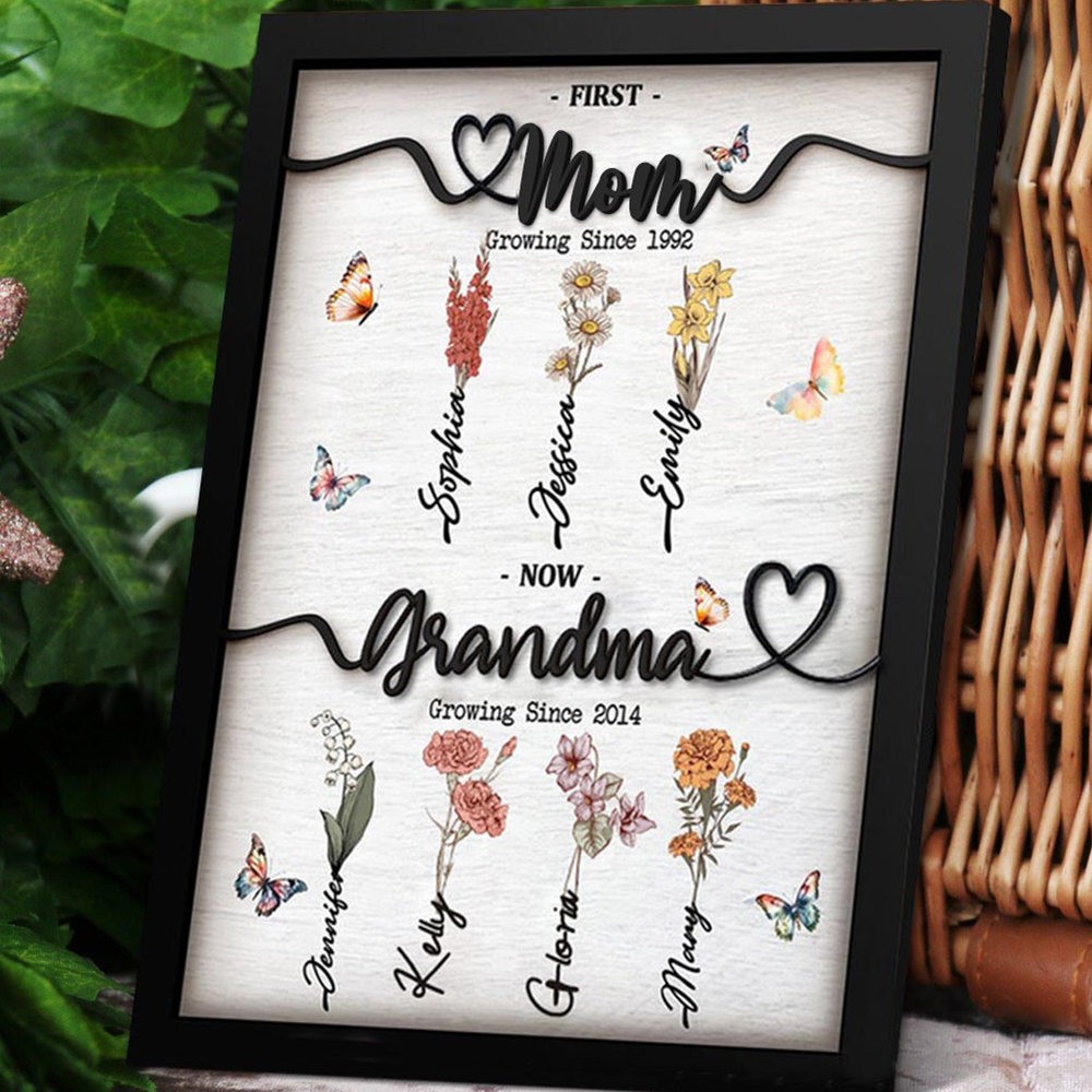 First Mom Now Grandma Wooden Sign Personalized Birth Month Flowers Gift From Kids For Mom Grandma Mother's Day Birthday