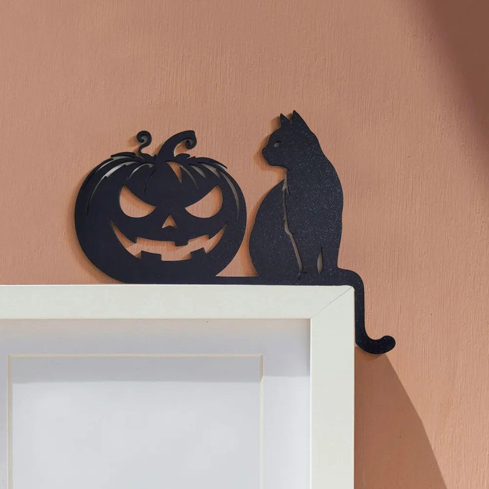 Halloween Black Cat Door Topper Corner Sign Mantel Shelf Home Decor