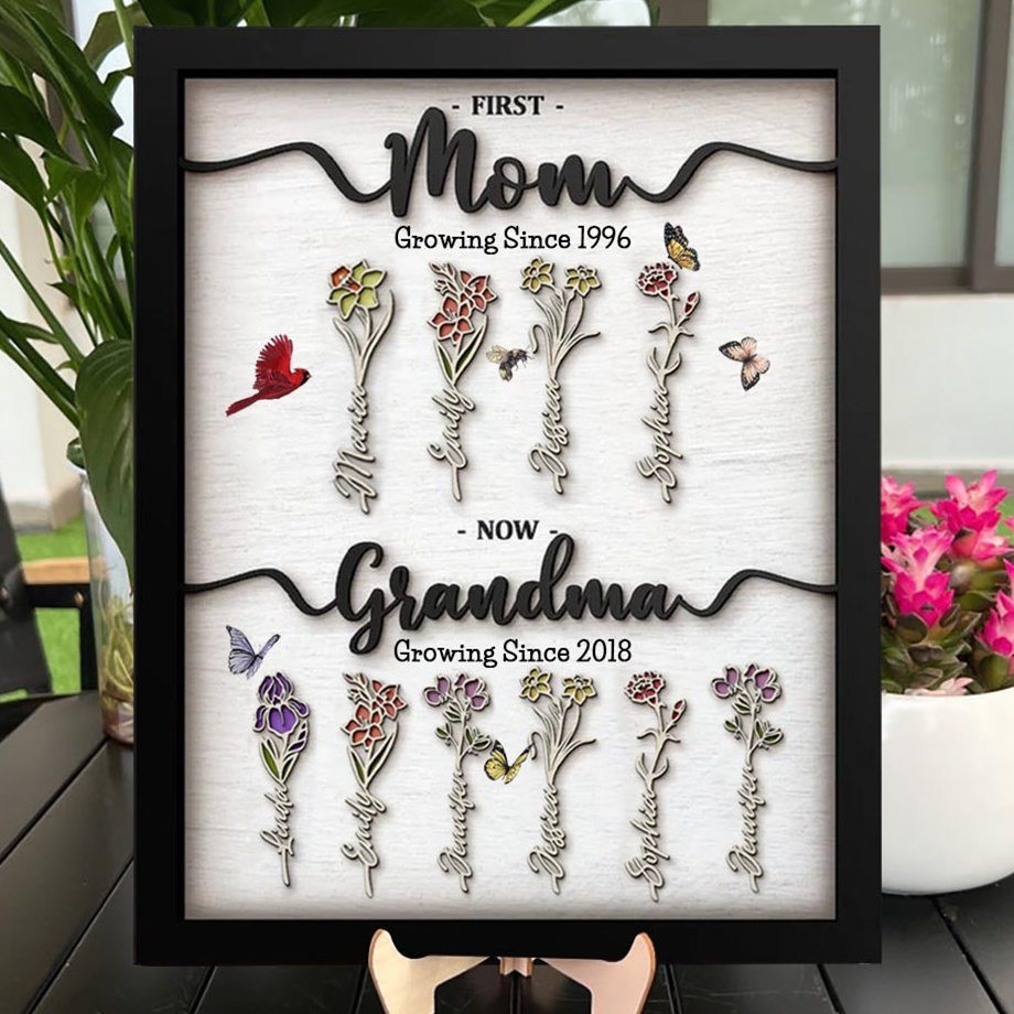 First Mom Now Grandma Wooden Sign Personalized Birth Month Flowers Gift From Kids For Mom Grandma Birthday Mother's Day