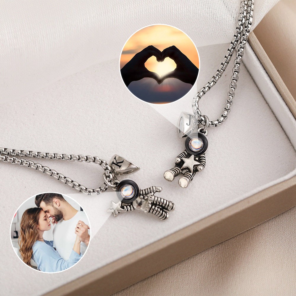 Personalized Space Mini Figure Projection Necklace With Magnetic Initial Pendents For Anniversary