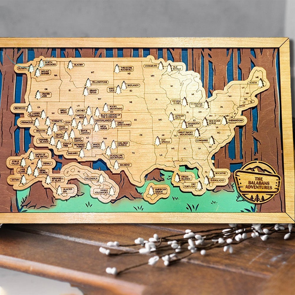 Personalized Wooden USA National Parks Travel Map Family Gift For Anniversary for Hiker Nature Lovers