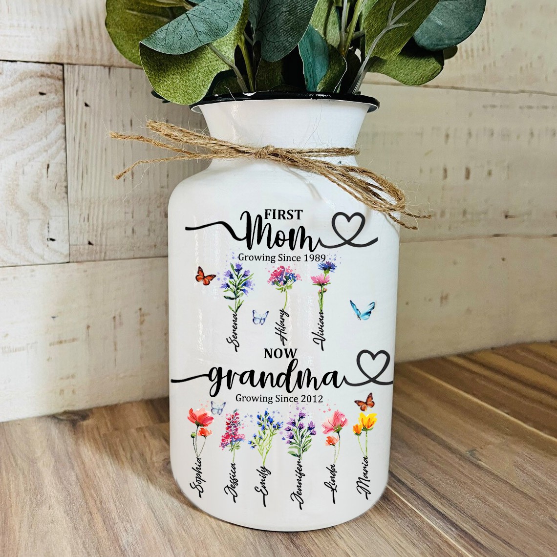 First Mom Now Grandma Personalized Birth Flower Vase With Kids Name For Christmas Gift Ideas