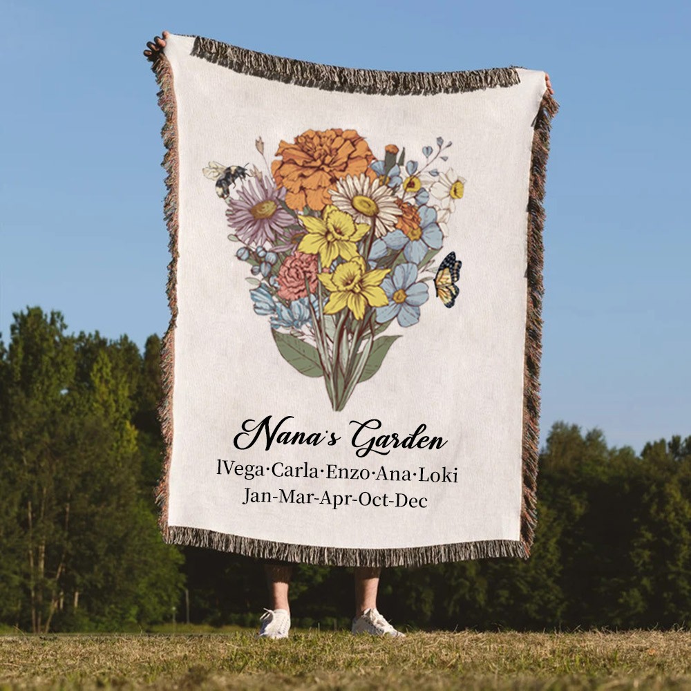 Personalized Nana's Garden Birth Flower Bouquet Blanket With Kids Names For Christmas Family Gift Ideas