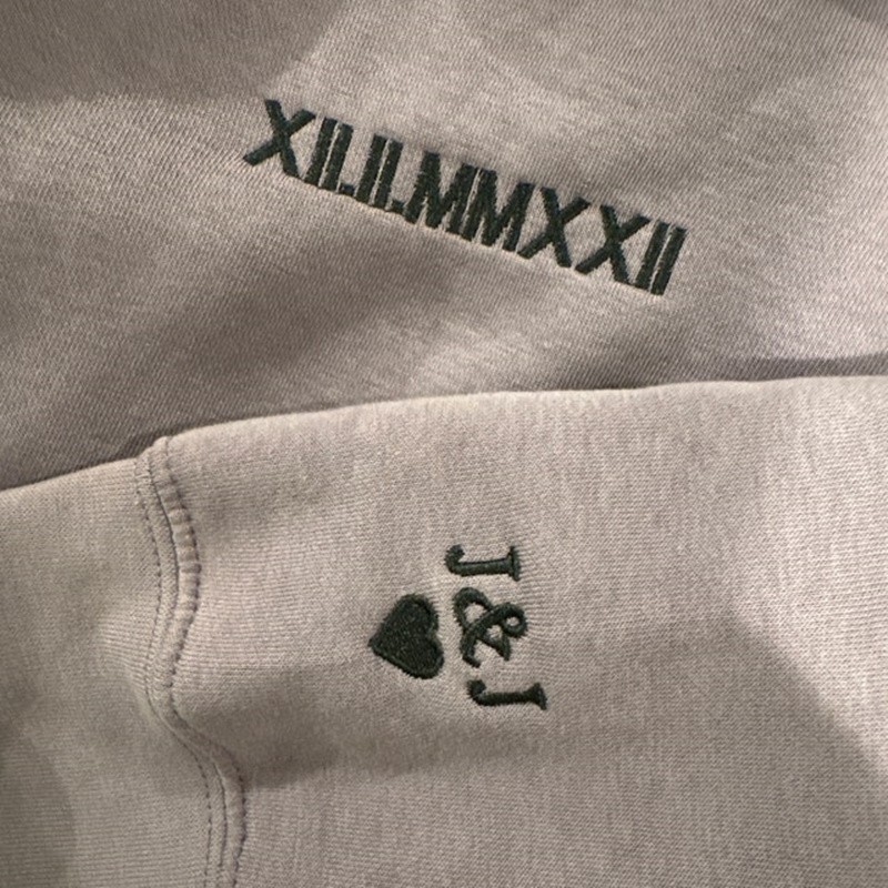 Custom Embroidered Roman Numeral Sweatshirt Anniversary Date and Initials on Sleeve Valentine's Day Gift For Couple