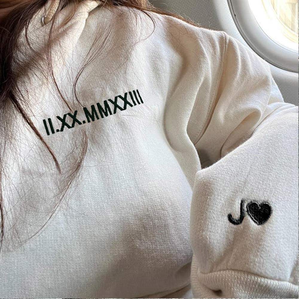 Custom Embroidered Roman Numeral Sweatshirt Anniversary Date and Initials on Sleeve Valentine's Day Gift For Couple