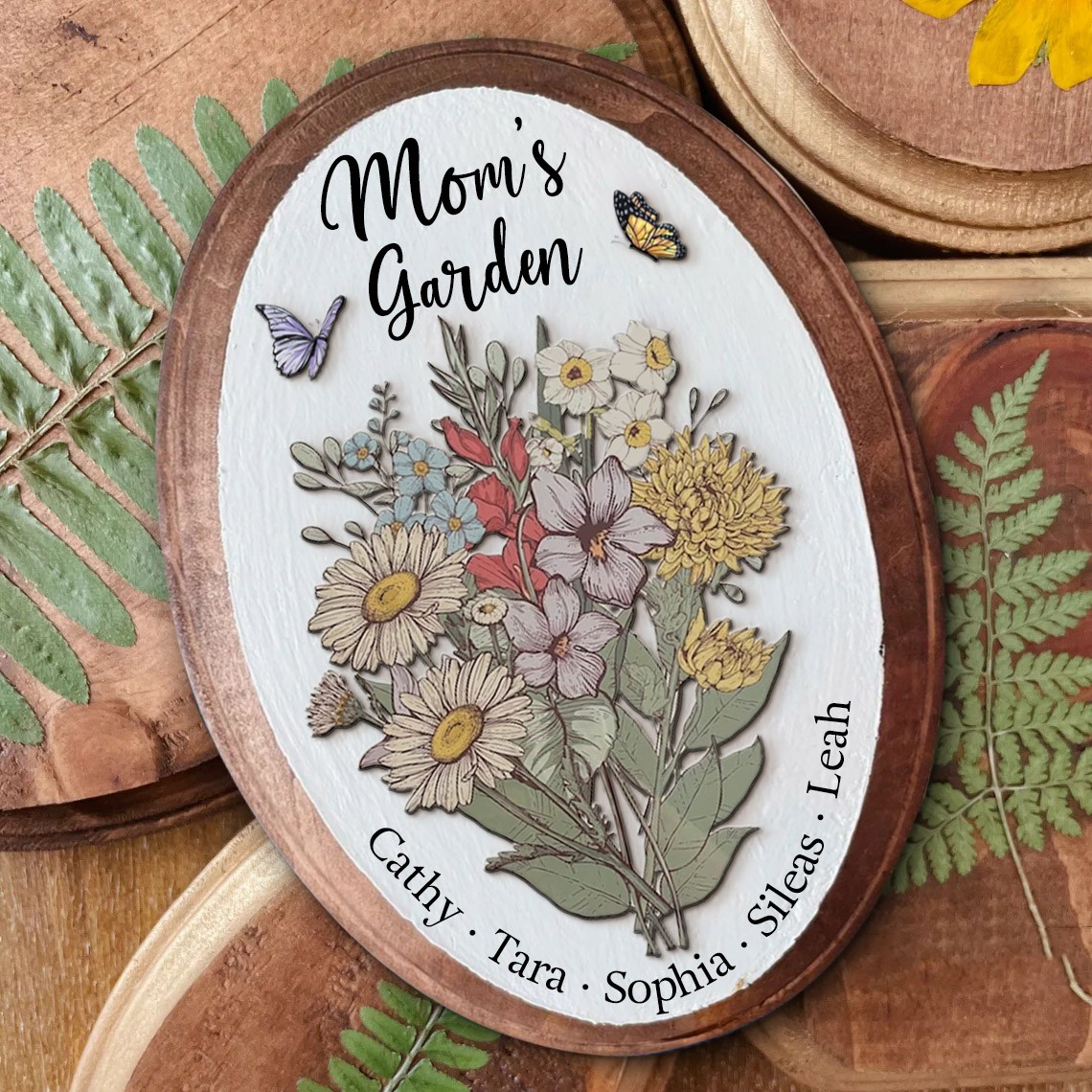 Personalized Mom's Garden Birth Flower Bouquet Art Oval Wood Sign With Kids Name For Family Christmas Gift