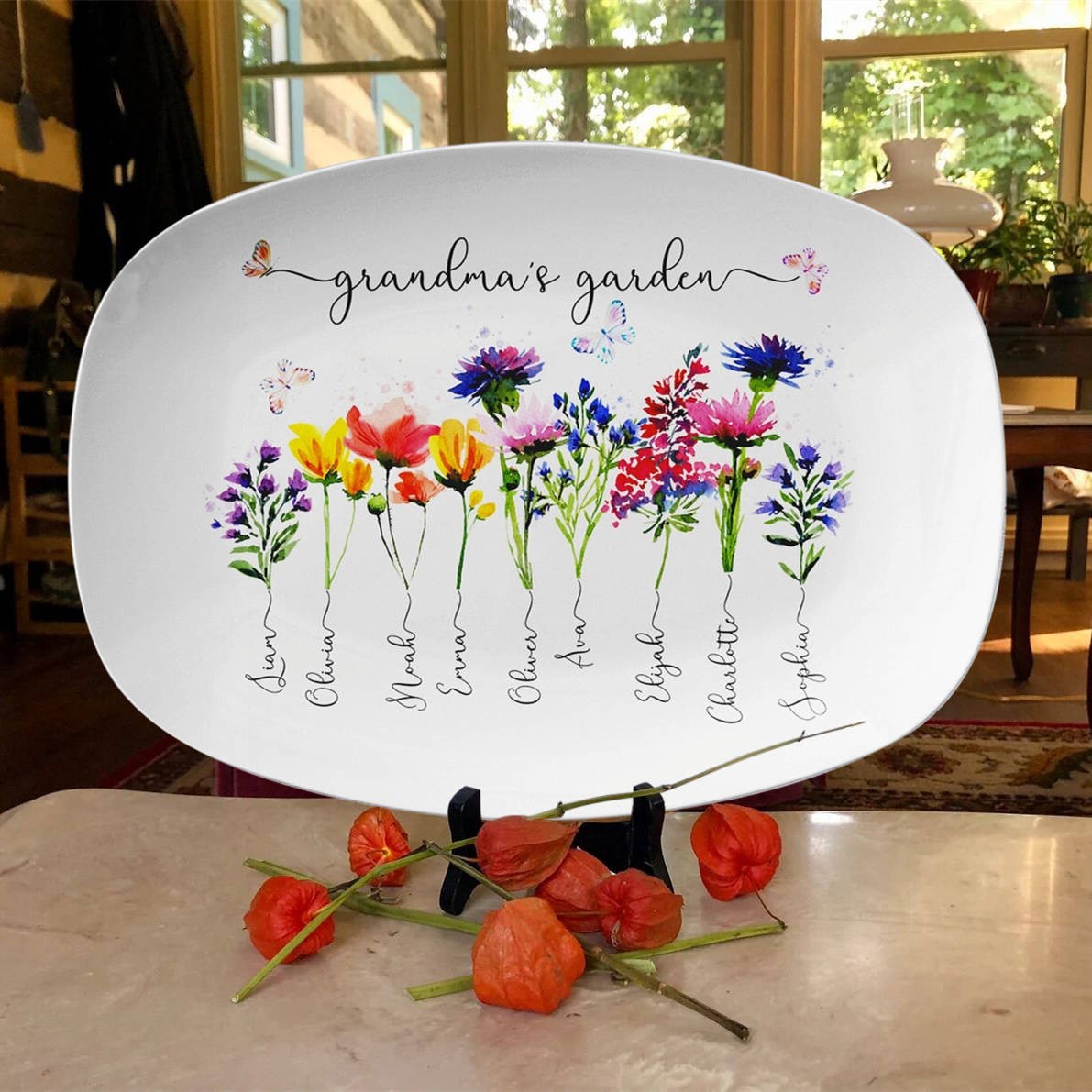 Custom Grandma's Garden Birth Flower Platter with Grandchildren Name For Christmas Family Gift Ideas