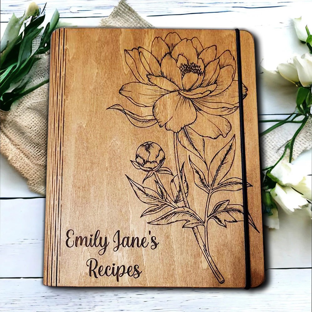 Personalized Wood Recipe Book Blank Binder Birth Flower Cookbook For Mom Grandma Christmas Anniversary Gift