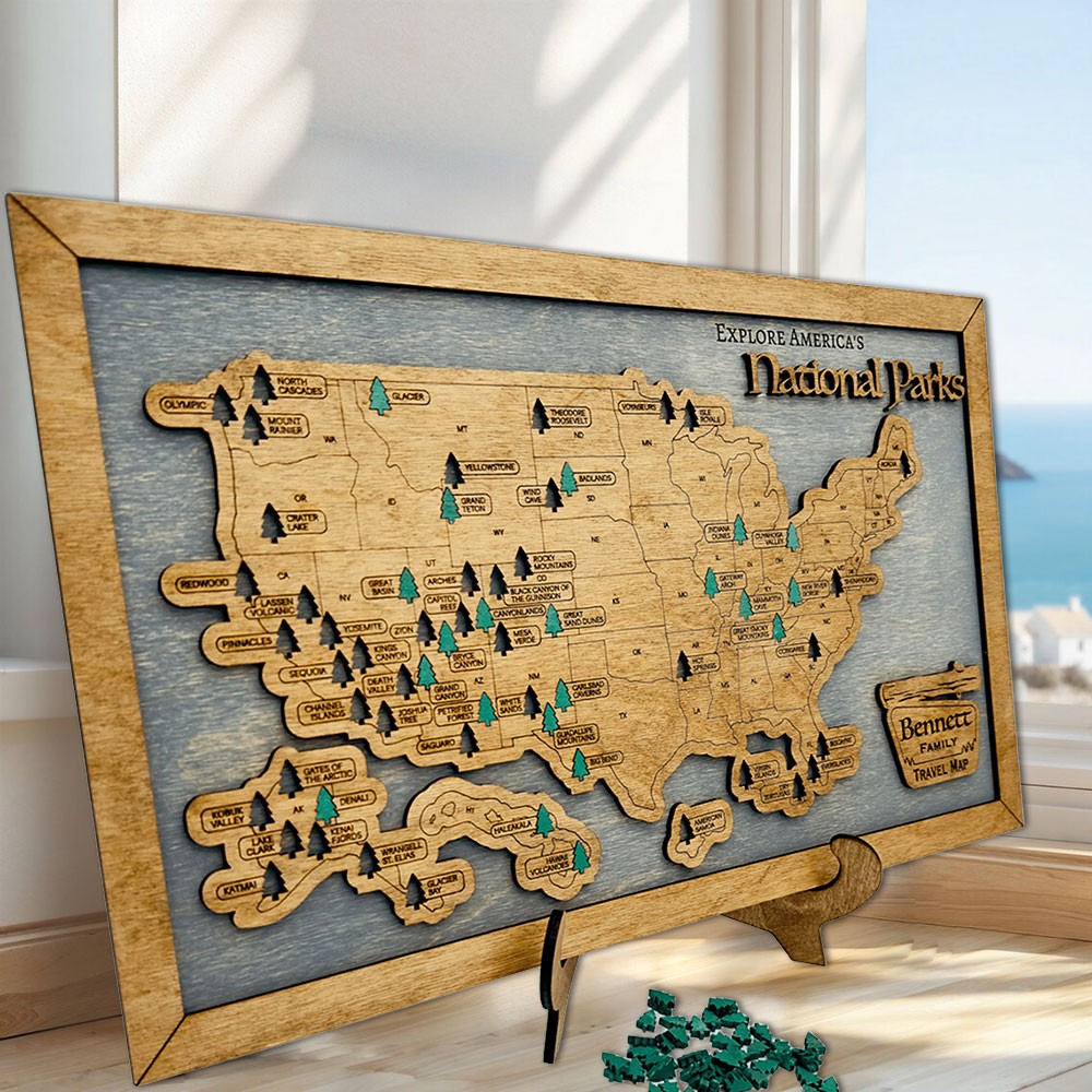 Personalized Wooden USA National Parks Travel Map Gift For 5th Anniversary for Hiker Nature Lovers