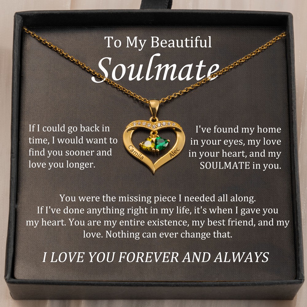 Personalized Heart Charm Name Necklace With 2 Birthstones Gifts For Soulmate