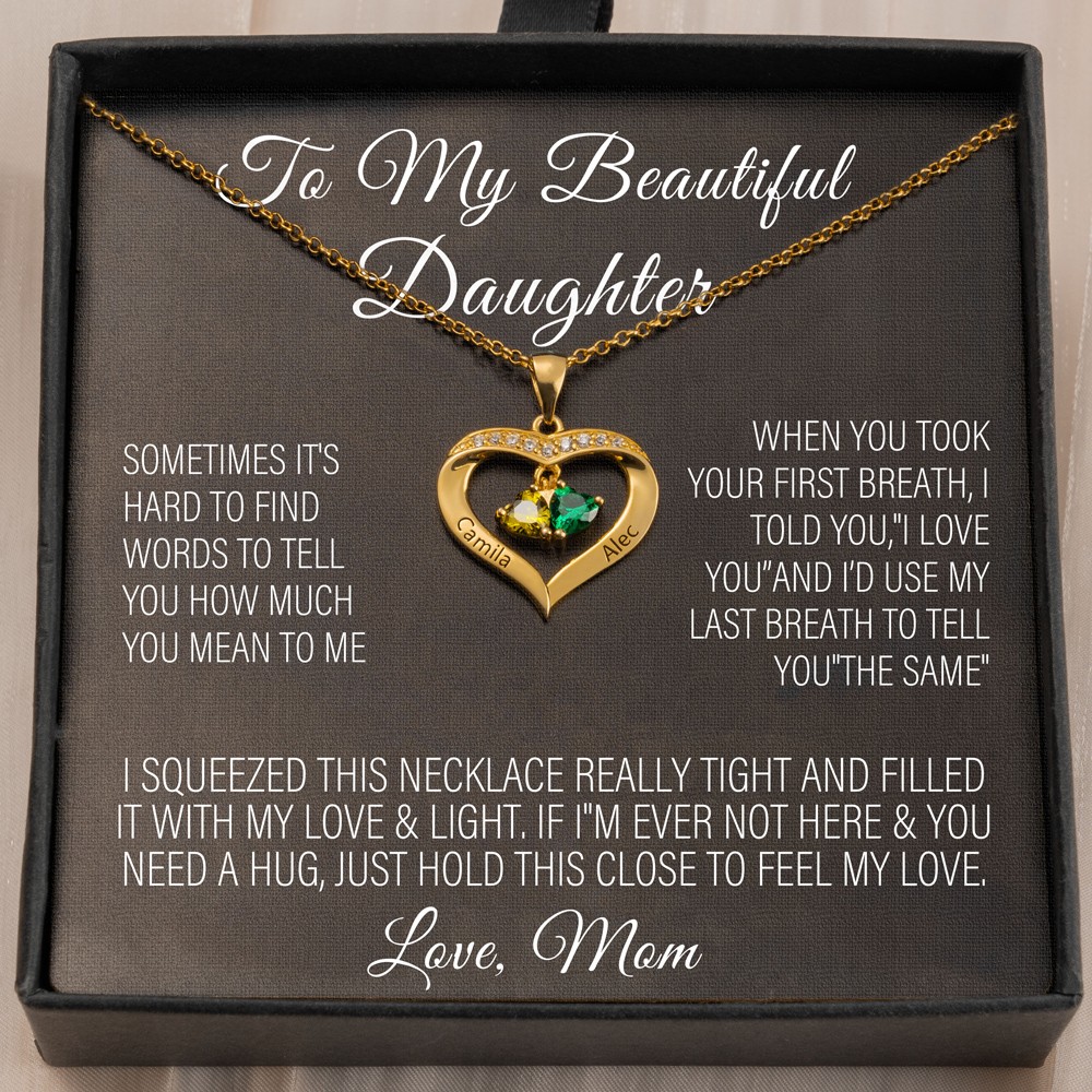 Personalized Couple Heart Necklace With Birthstones and Names Gifts For Daughter