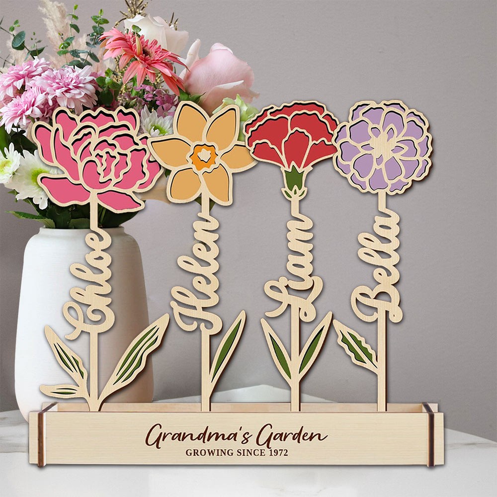 Custom Wood Birth Flower Grandma's Garden Home Decor For Family Christmas Gift