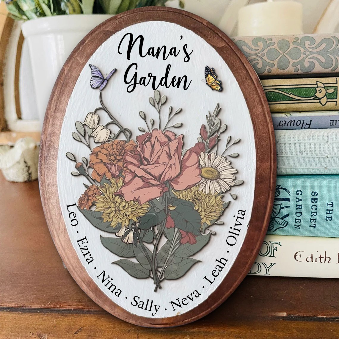 Personalized Nana's Garden Birth Flower Bouquet Art Oval Wood Sign For Family Mom Grandma Christmas Gift