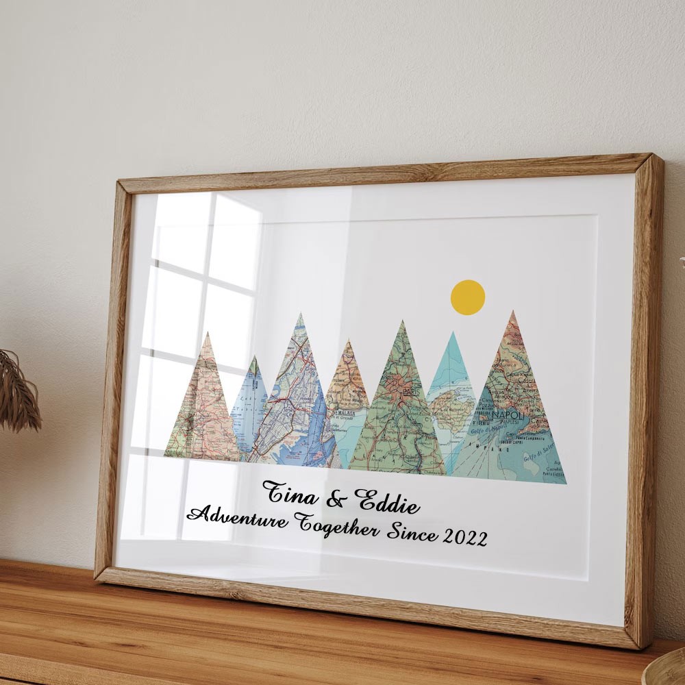 Personalized Mountain Adventure Travel Map Wall Art Wooden Frame Decor Unique Gift For Couple Valentine's Day