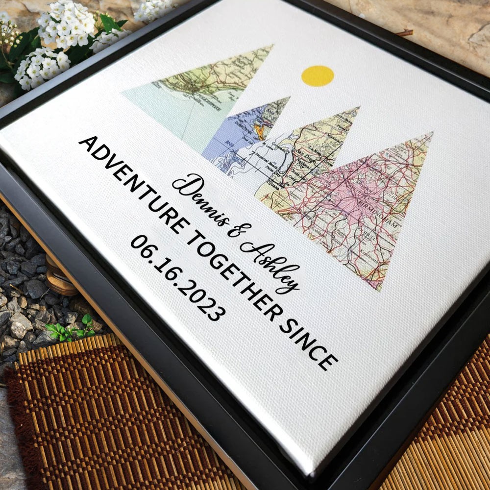 Personalized Mountain Adventure Travel Map Wall Art Wooden Frame Decor Unique Gift For Couple Valentine's Day