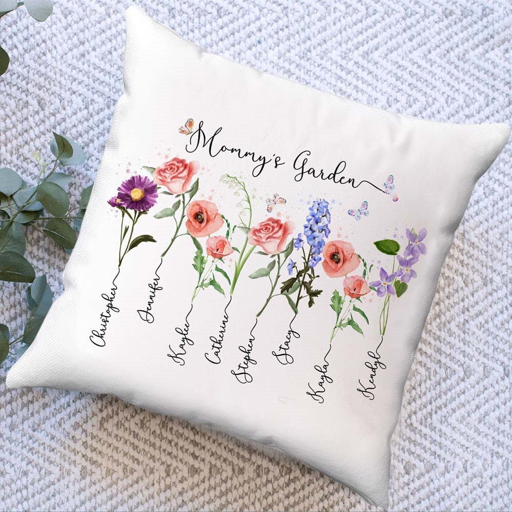 Custom Mom's Garden Birth Flower Pillow with Kids Name For Christmas Family Gift Ideas