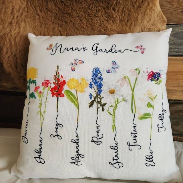 Personalized Nana's Garden Birth Flower Pillow with Grandchildren Name For Christmas Family Gift Ideas