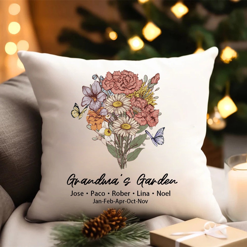 Personalized Grandma's Garden Birth Flower Bouquet Pillow with Grandchildren Name For Christmas Family Gift Ideas