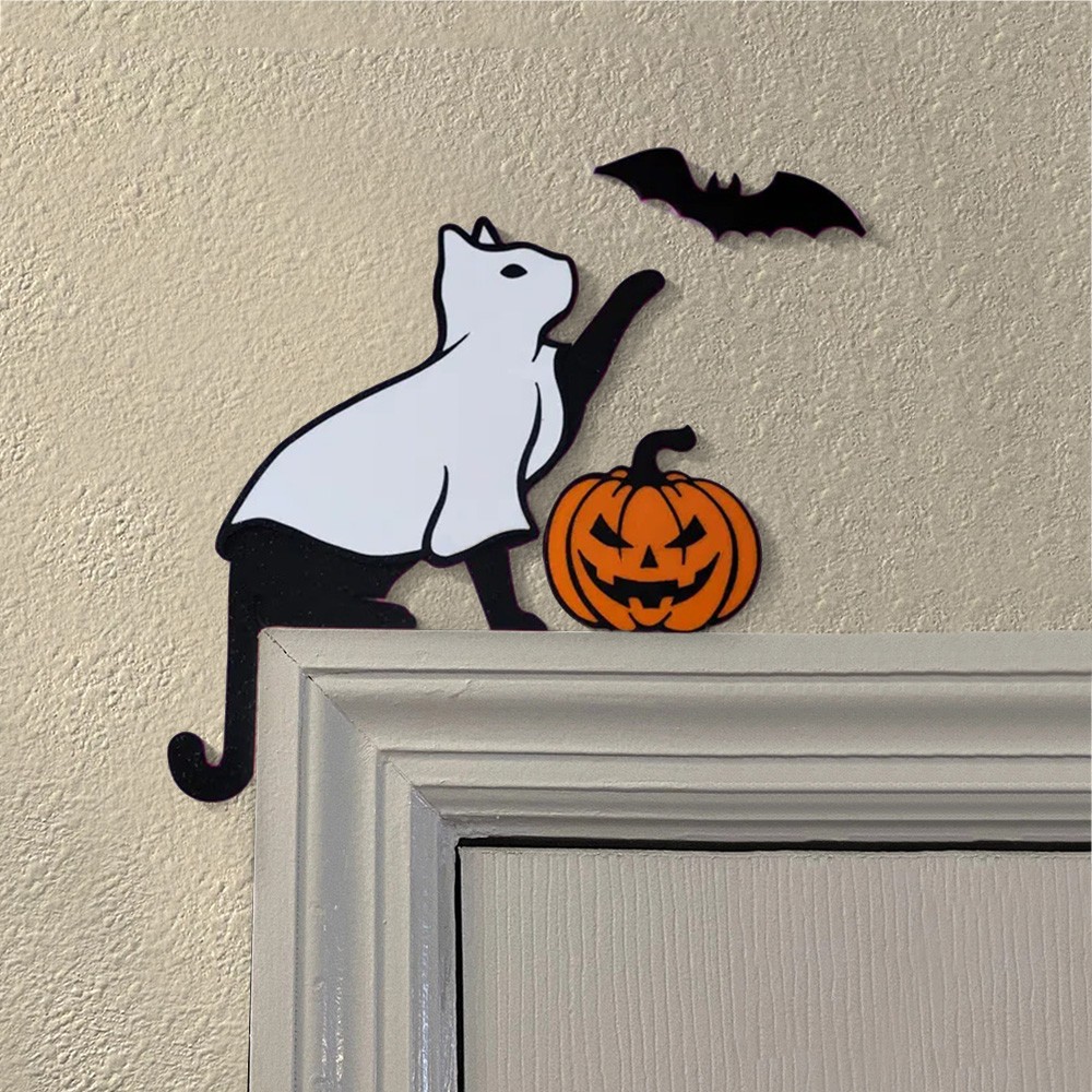 Halloween Black Ghost Cat Door Topper Corner Sign Mantel Shelf Home Decor