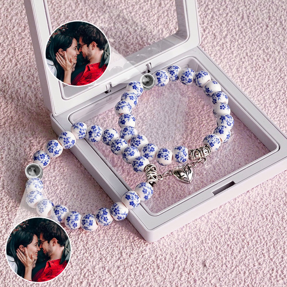 Custom Beaded Picture Projection Bracelet with Initial Magnetic Pendant Gift For Couple Lovers