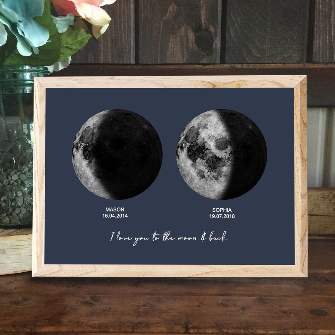 Custom Couple Moon Phase Wood Sign For Valentine's Day Gift Love You To The Moon and Back