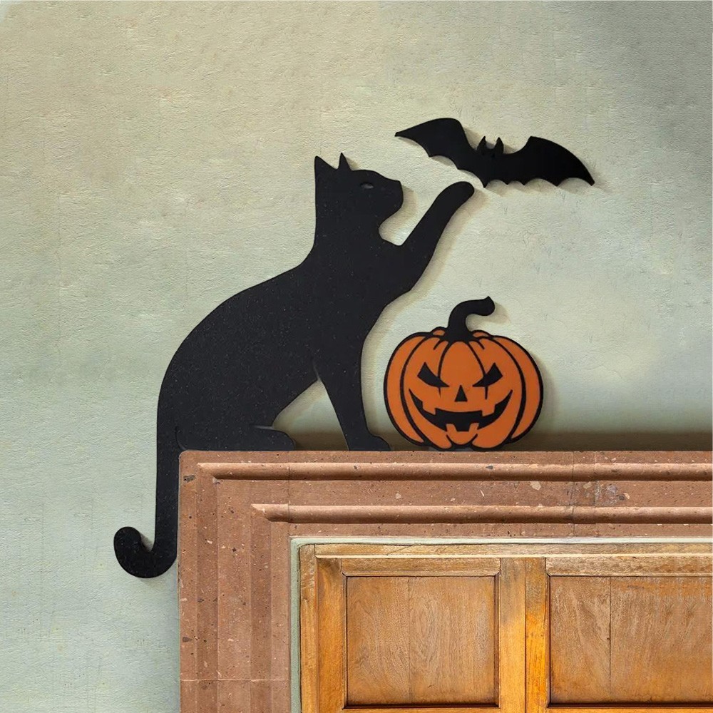 Halloween Black Cat Door Topper Corner Sign Mantel Shelf Home Decor