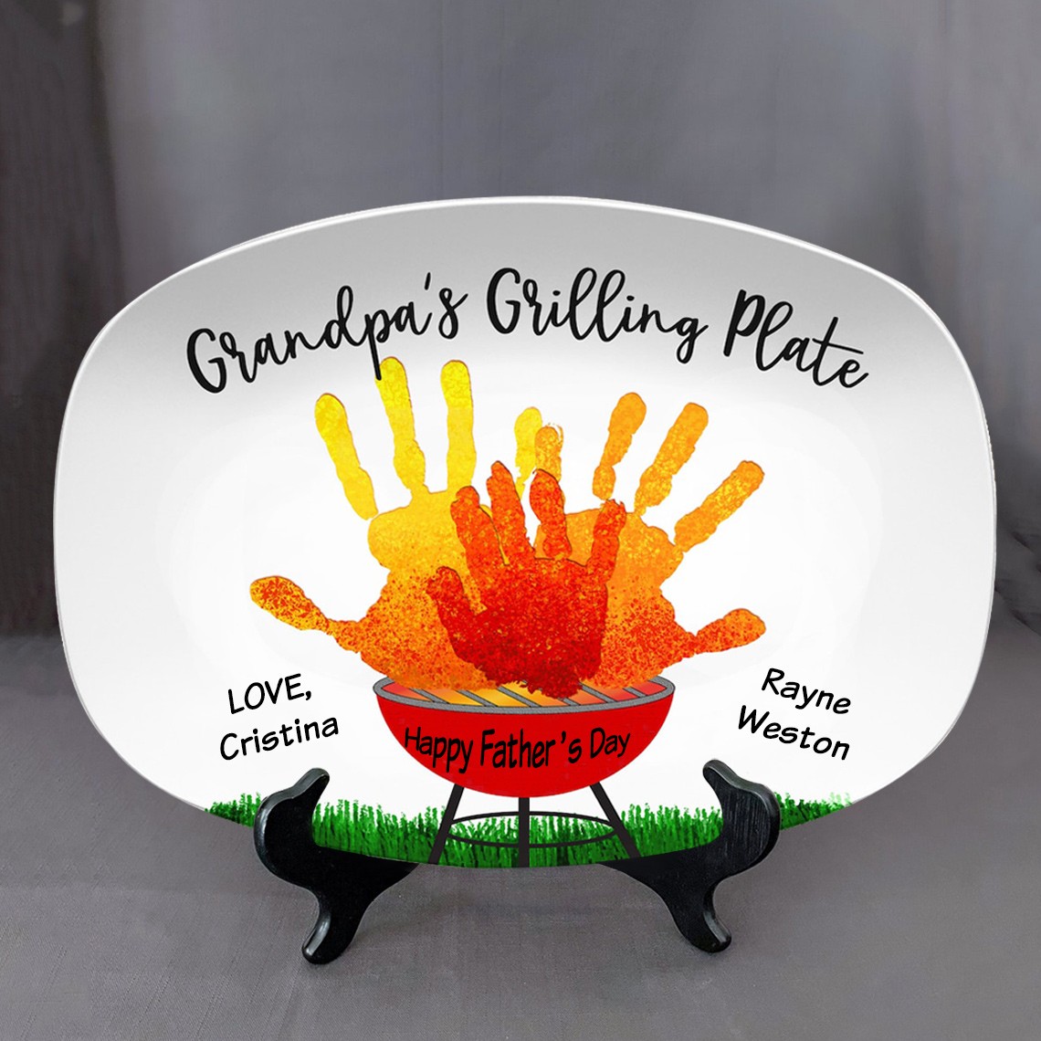 Grandpa's Grilling Plate Personalized Handprint Platter With Kids Name For Father's Day