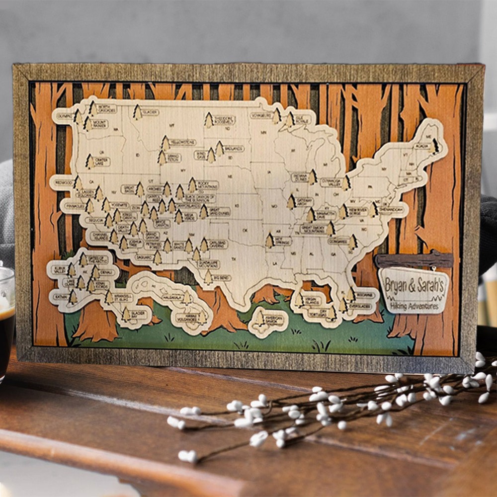 Personalized Wooden USA National Parks Travel Map Family Gift For 5th Anniversary for Hiker Nature Lovers