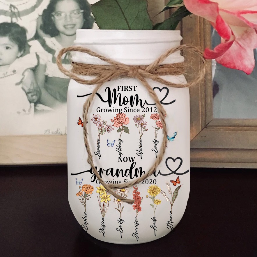 Custom First Mom Now Grandma Vase With Kids Birth Month Flower and Name For Mom Grandma Mother's Day Gift