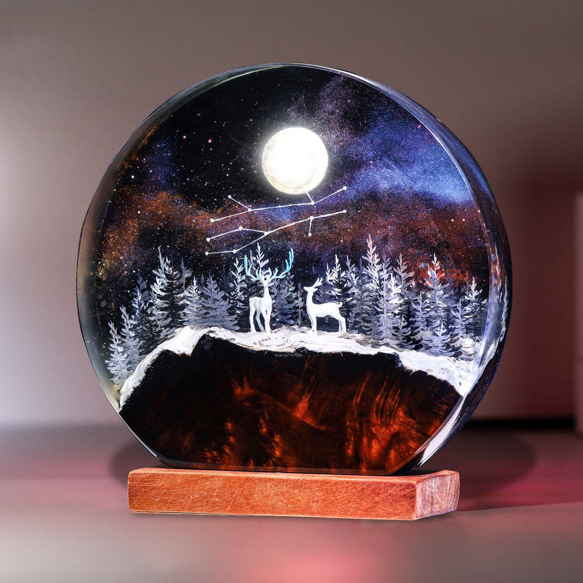 Zodiac Deers in the Forest Wood Resin Art Lamp For Christmas Gift