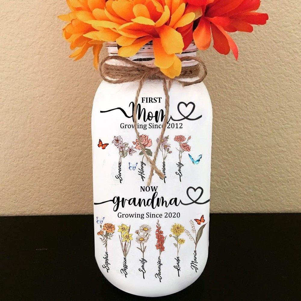 Custom First Mom Now Grandma Vase With Kids Birth Month Flower and Name For Mom Grandma Mother's Day Gift