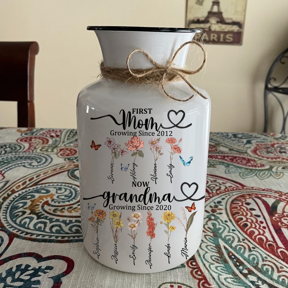 Custom First Mom Now Grandma Vase With Kids Birth Month Flower and Name For Mom Grandma Mother's Day Gift