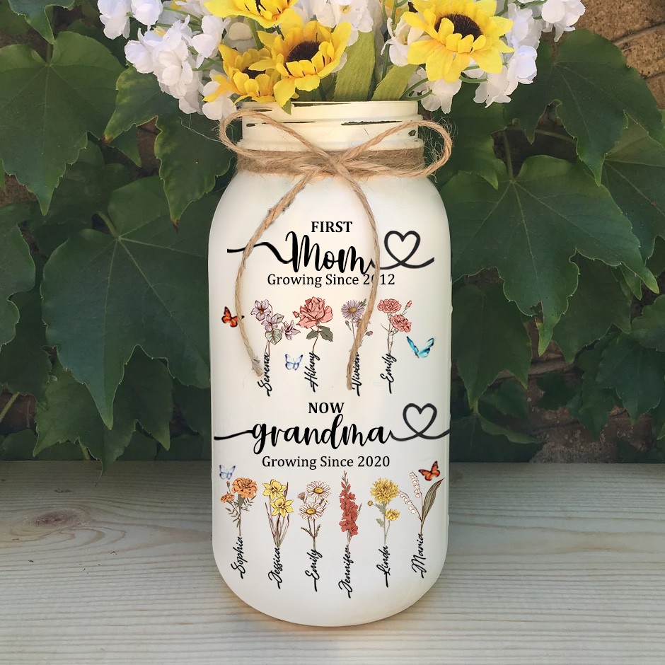 Custom First Mom Now Grandma Vase With Kids Birth Month Flower and Name For Mom Grandma Mother's Day Gift