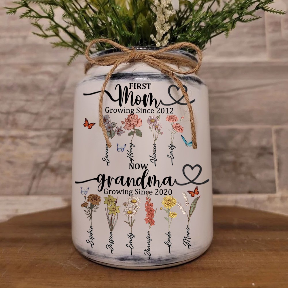 Custom First Mom Now Grandma Vase With Kids Birth Month Flower and Name For Mom Grandma Mother's Day Gift