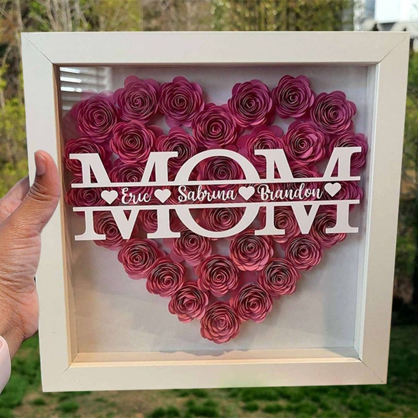 Custom Mom Flower Shadow Box with Kids Names For Mother's Day Gift