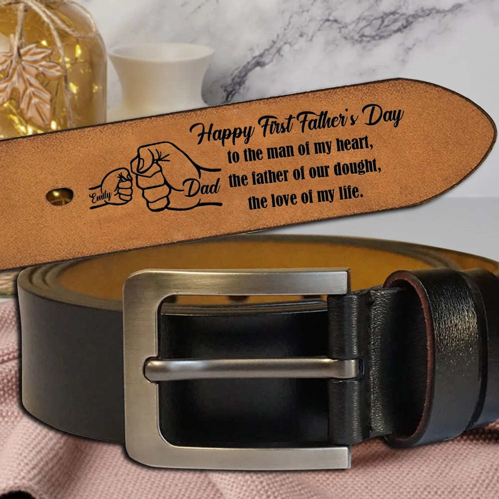 Personalized Engraved Leather Belt with Fist Bump for Father's Day Gift