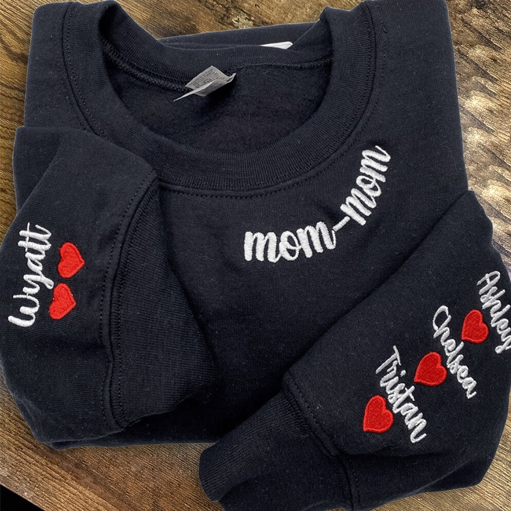 Custom Embroidered Mom Sweatshirt with Kids Names on Sleeve For Mom Grandma Mother's Day Gift