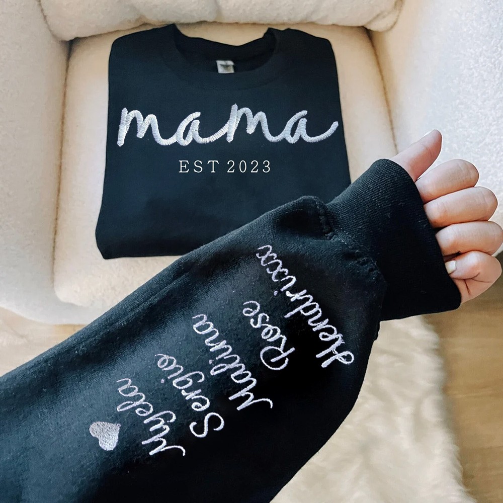 Personalized Embroidered MAMA Sweatshirt Hoodie with Kids Names on Sleeve For New Mom Grandma Mother's Day Gift