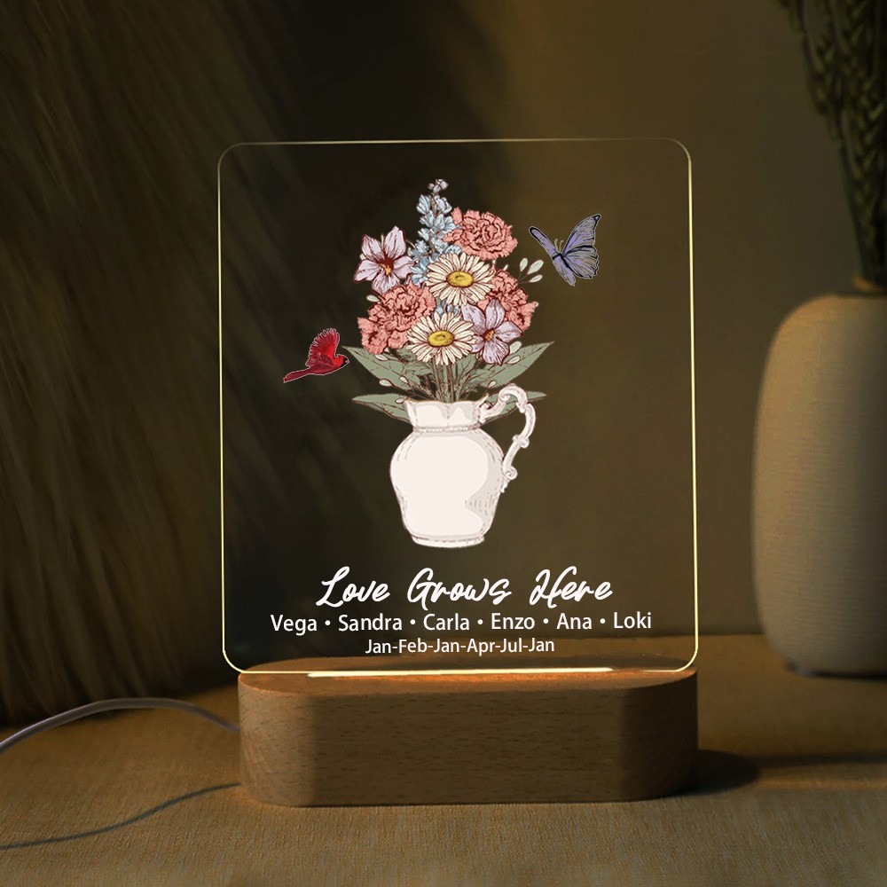 Custom Birth Flower Bouquet Acrylic Led Night Light For Mom Grandma Christmas Gift