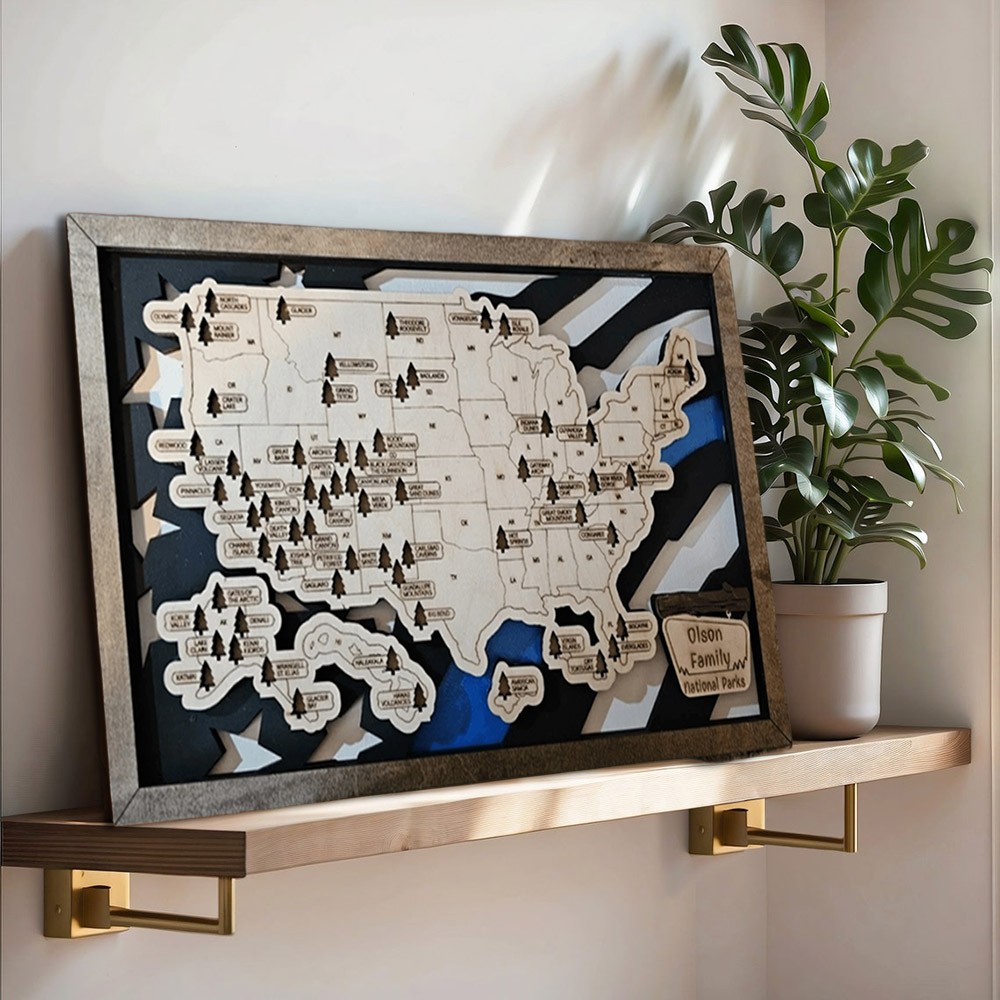 Personalized Wooden USA National Parks Travel Map Family Gift For 5th Anniversary for Hiker Nature Lovers