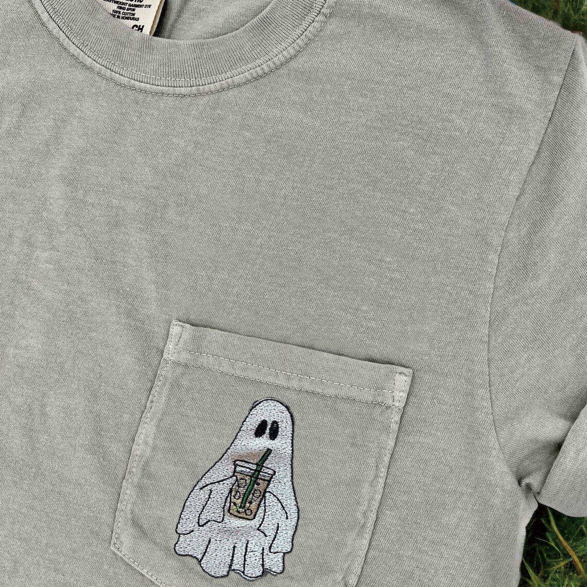 Embroidered Halloween Pocket Tee Spooky Season Shirt