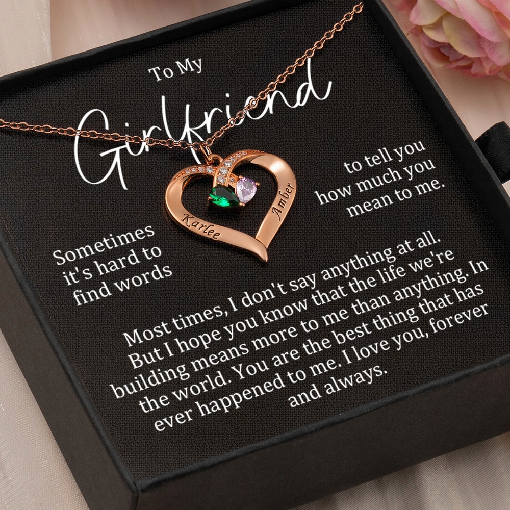 Personalized Heart shaped Birthstone Necklace With 2 Names For Girlfriend Gift Ideas